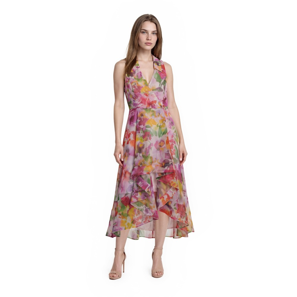 Adrianna Papell Pink Floral Asymmetrical Halter Dress